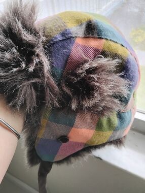 D&Y Multicolor Quilted Trapper Hat with Brown Faux Fur Trim